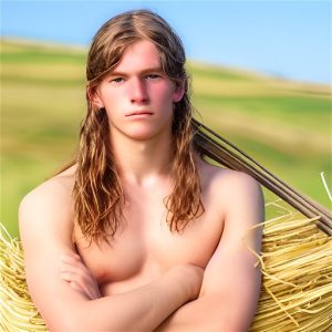 A shirtless teenage boy with long hair stands in front of a stack of straw, arms crossed