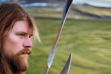 A fantasy viking man holding weapons and looking sideways
