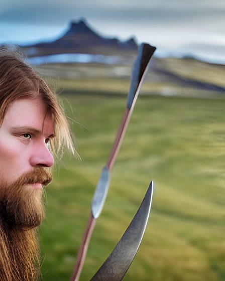 A fantasy viking man holding weapons and looking sideways