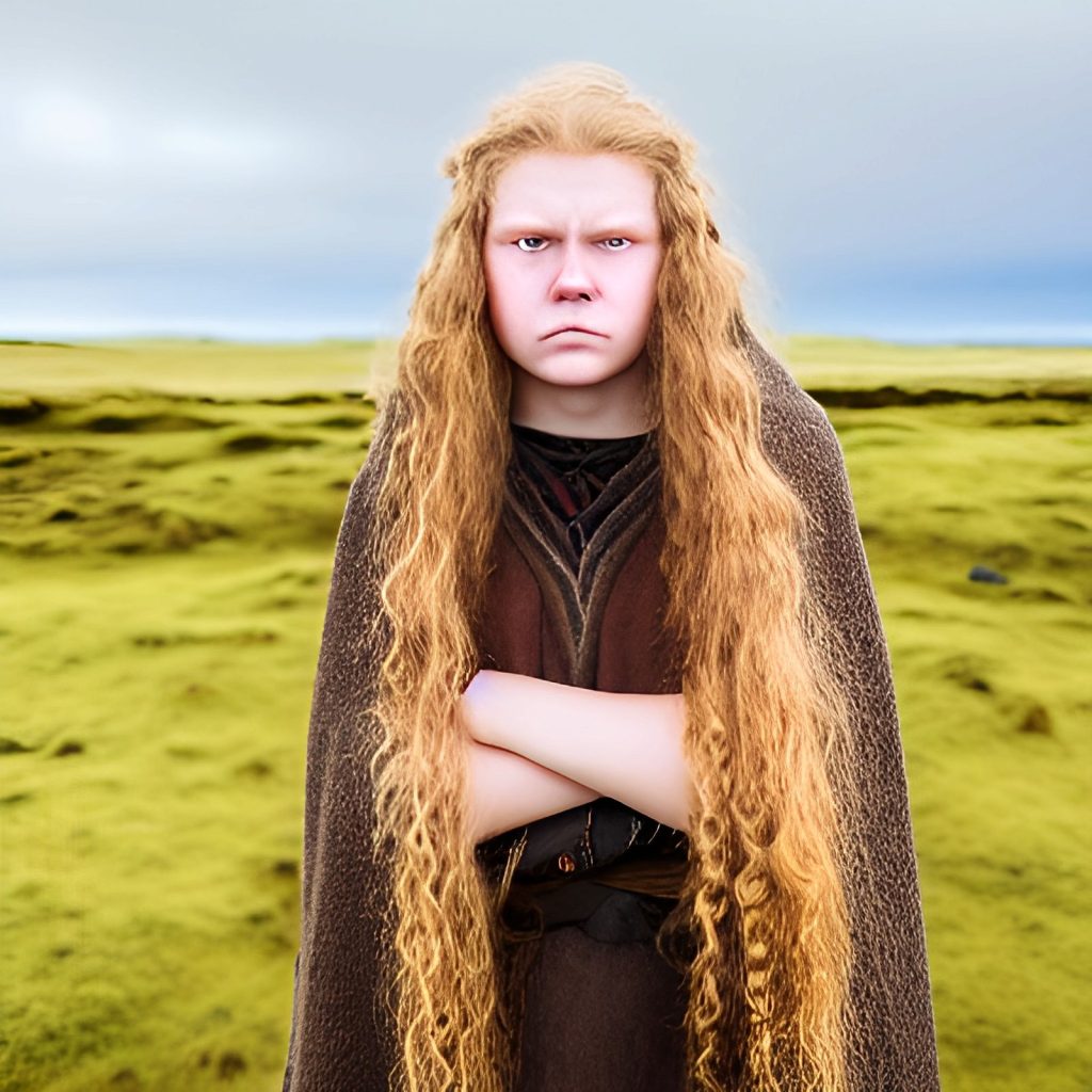 Teenage viking girl with folded arms and a grim expression