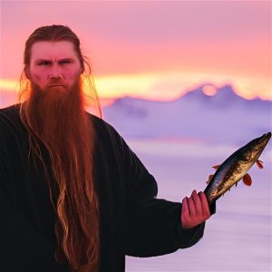 Grumpy viking fisherman holding up a fish in the midnight sun
