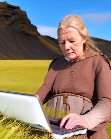 An old fantasy viking woman standing in a field, typing on a laptop