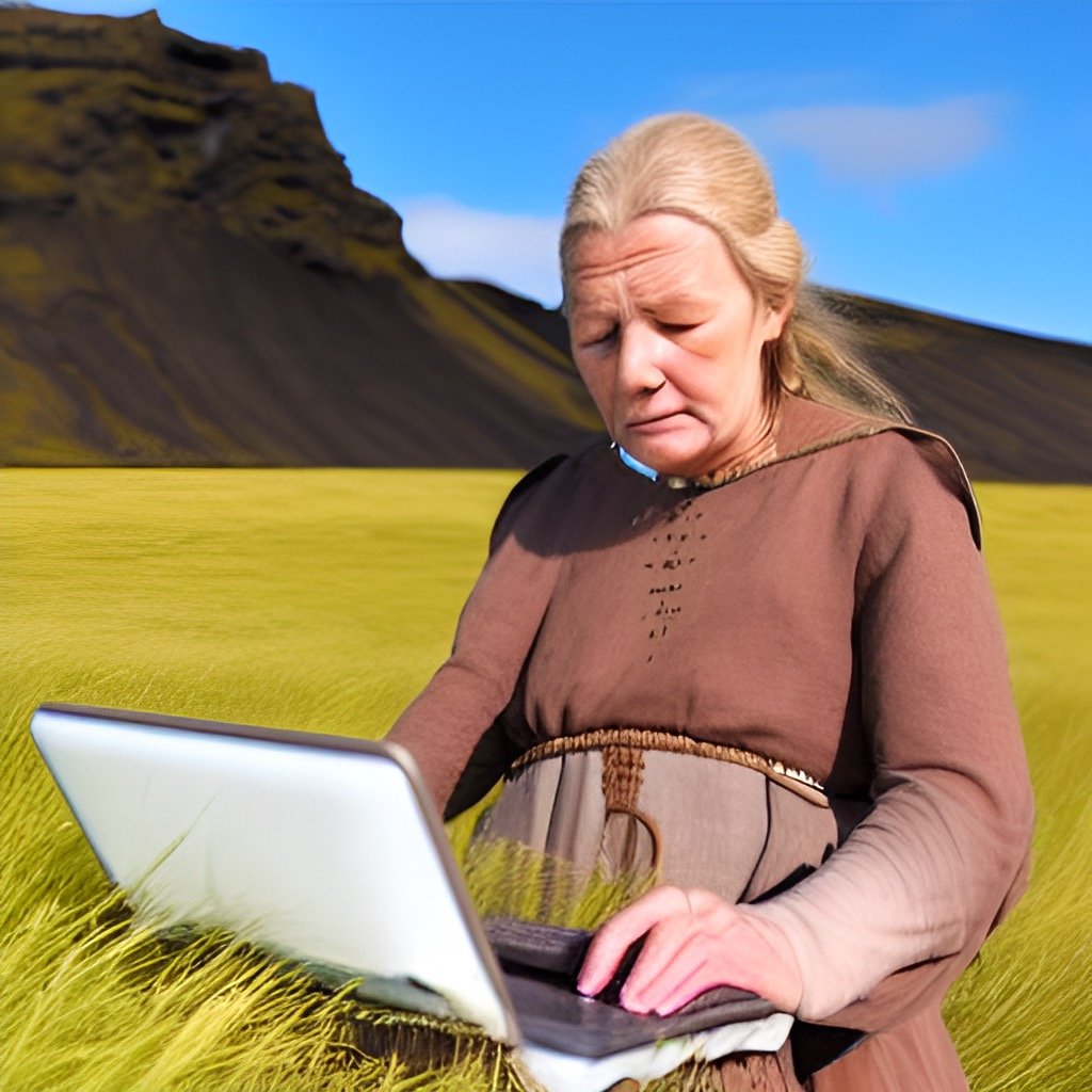 An old fantasy viking woman standing in a field, typing on a laptop