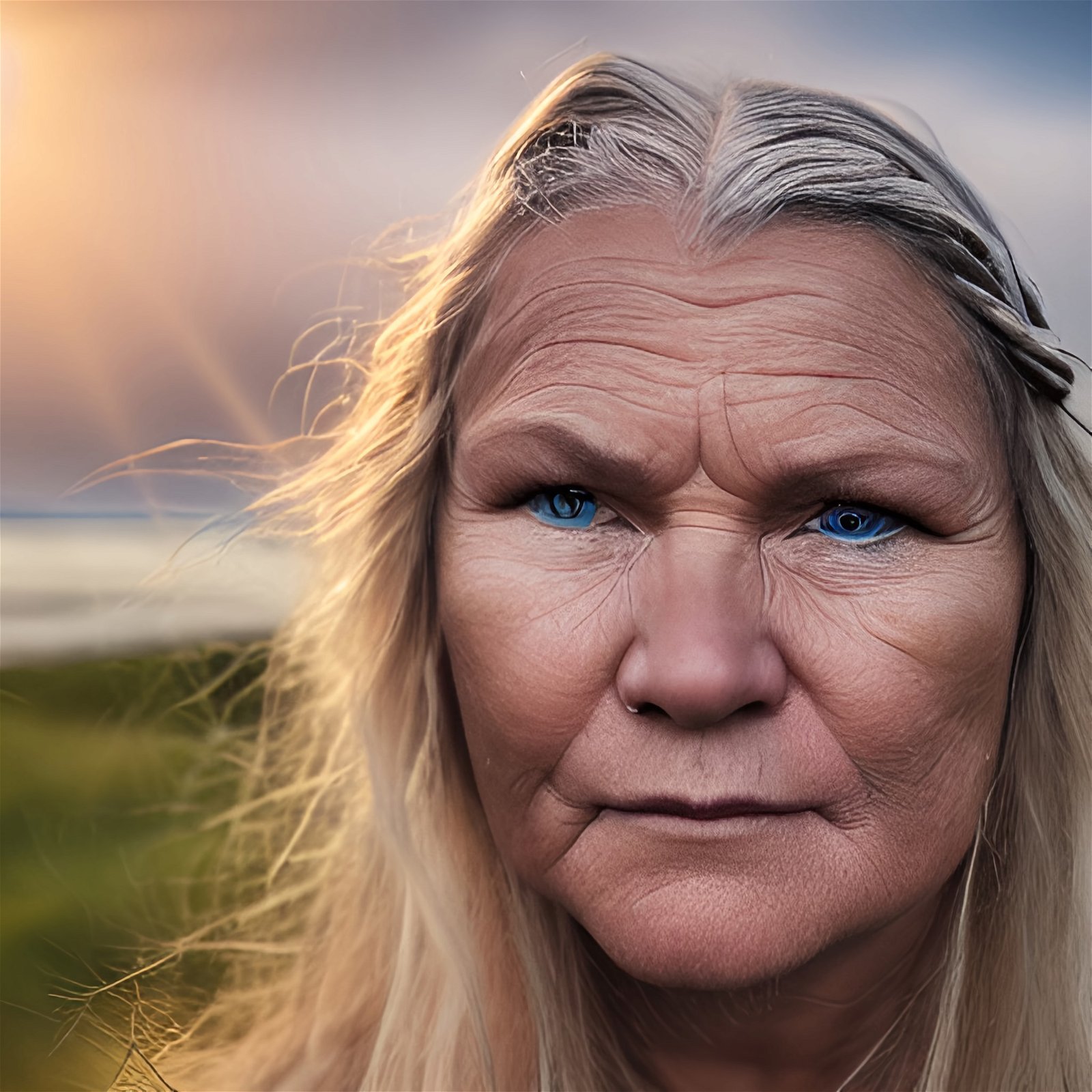 A fantasy viking woman looks intensely at the viewer, sunset in background