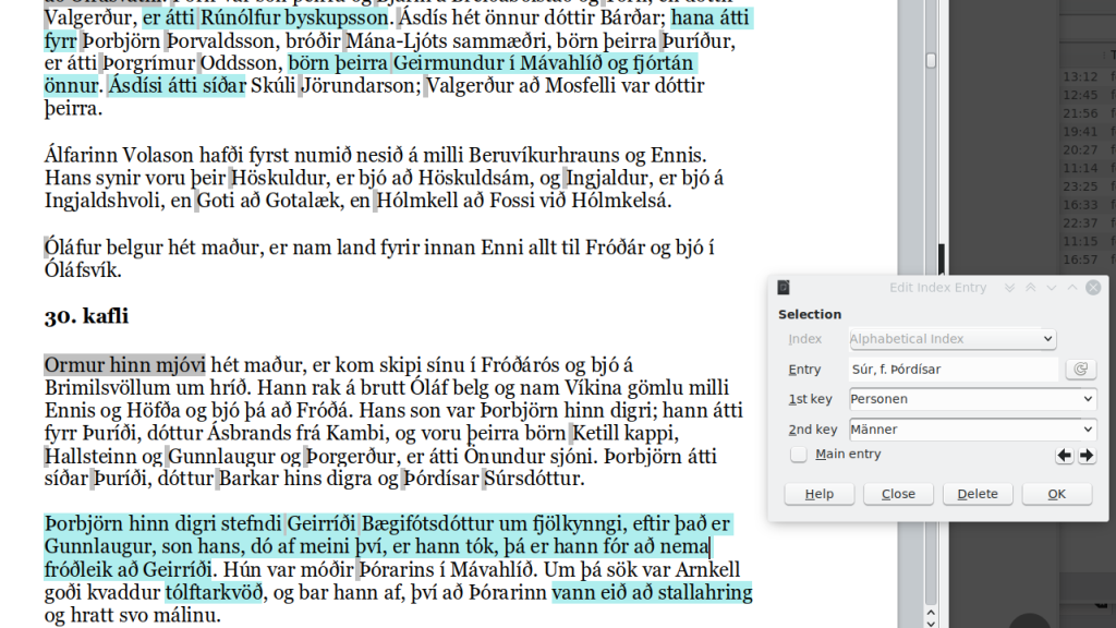 A text snippet of Landnámabók with highlighted text and an index