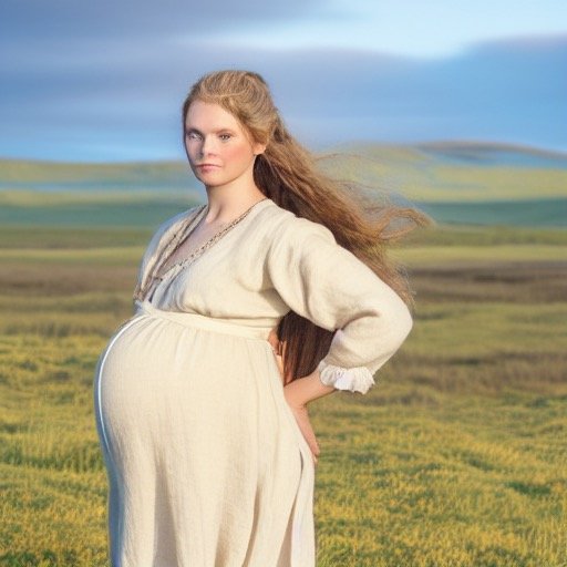 A young pregnant fantasy viking woman with long hair