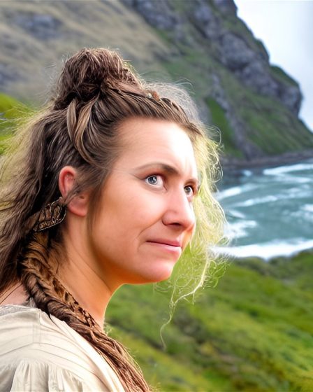 A fantasy viking woman has found a waterfall in the mountains