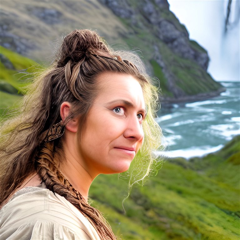 A fantasy viking woman has found a waterfall in the mountains