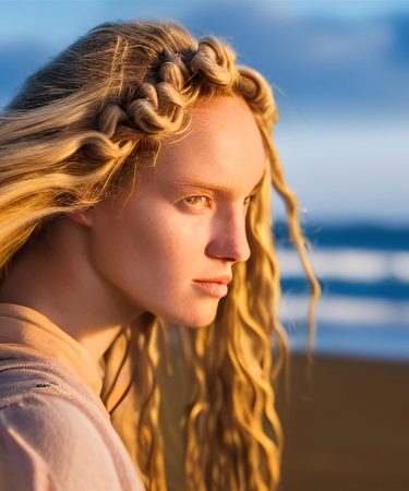 A fantasy viking woman standing at the beach, looking over the sea, in the sunset