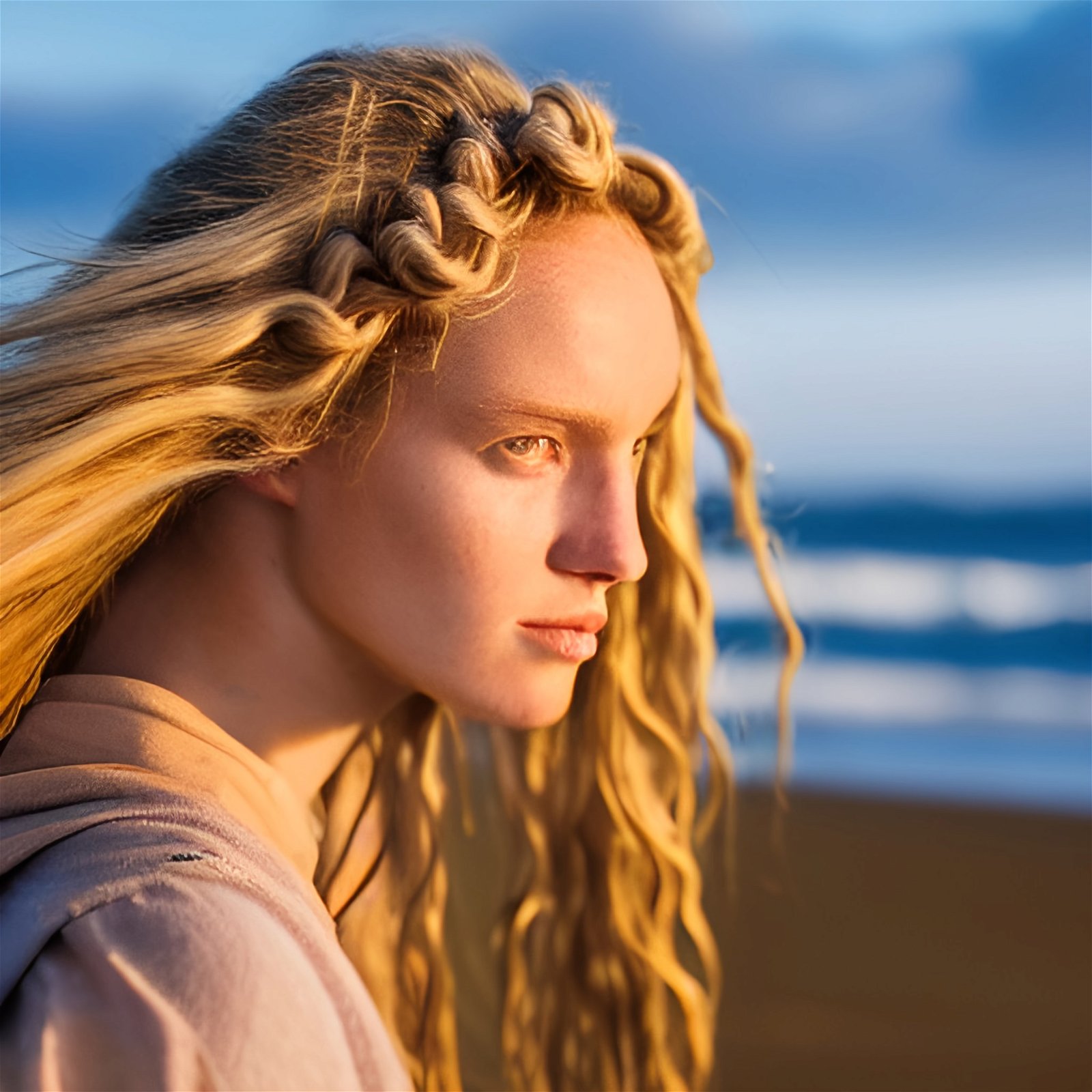 A fantasy viking woman standing at the beach, looking over the sea, in the sunset