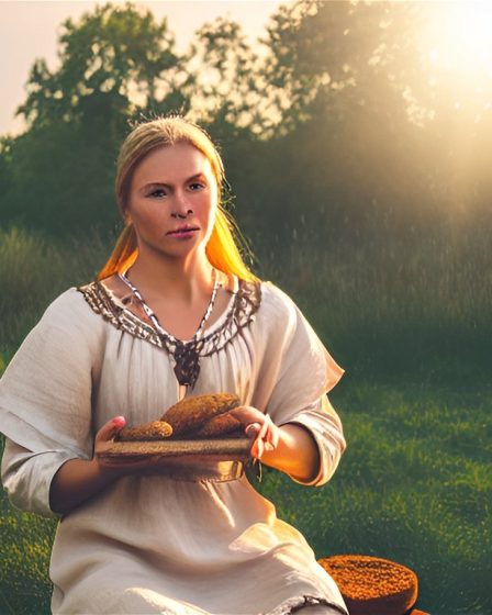 A fantasy woman sits outside in the sunset, holding a picnic plate