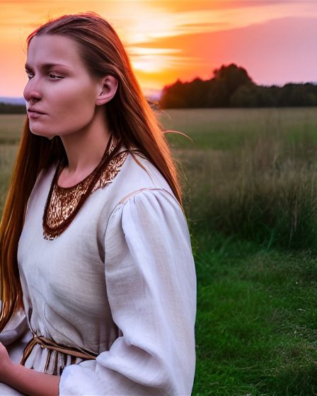 A fantasy viking woman sitting outside in the midnight sun