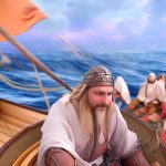 Fantasy vikings on an open ship on the ocean